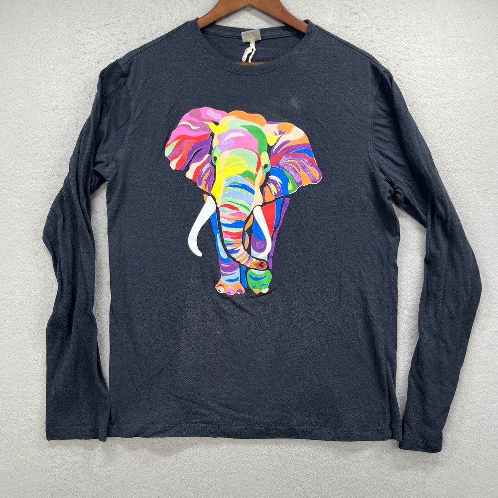 ONNO Long Sleeve T Shirt Mens M Gray Rainbow Elephant Graphic WWF Bamboo Eco Tee